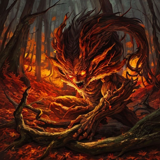 Prompt: Forest guardian spirit made of wood, autumn, rage and despair