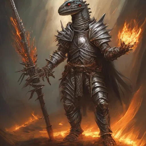 Prompt: Humanoid lizard wearing knight's armor holding flaming sword dark fantasy