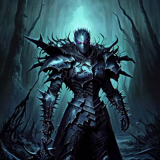 Prompt: Fantasy death knight webbed and spiky armor standing in dead forest rendered in dark and gritty 1980s art style 