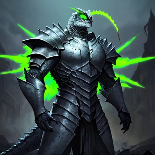 Prompt: Reptilian warlord wearing heavy armor yellow glowing eyes