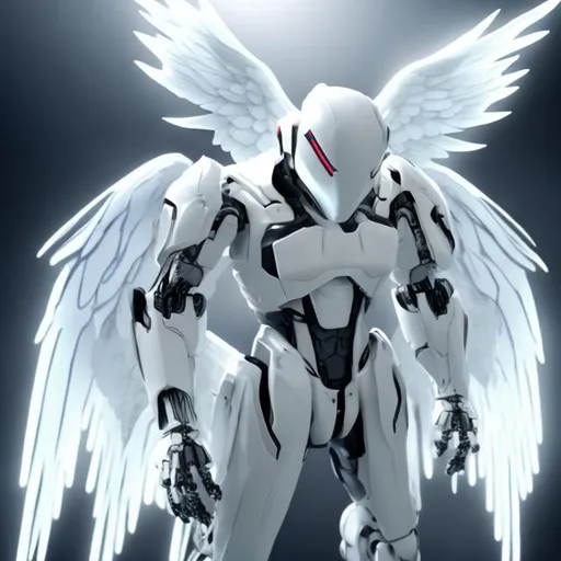 Prompt: White robot white head and no face with angel wings dark fantasy 