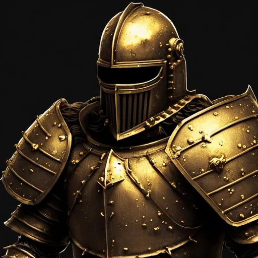 Prompt: Heroic knight damaged golden plate armor rendered in dark gritty 1980s fantasy art style