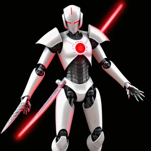 Prompt: Robot assassin white armor red glowing eyes sword hands