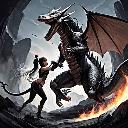 Prompt: Fighting dragons white and black
 breathing fire 