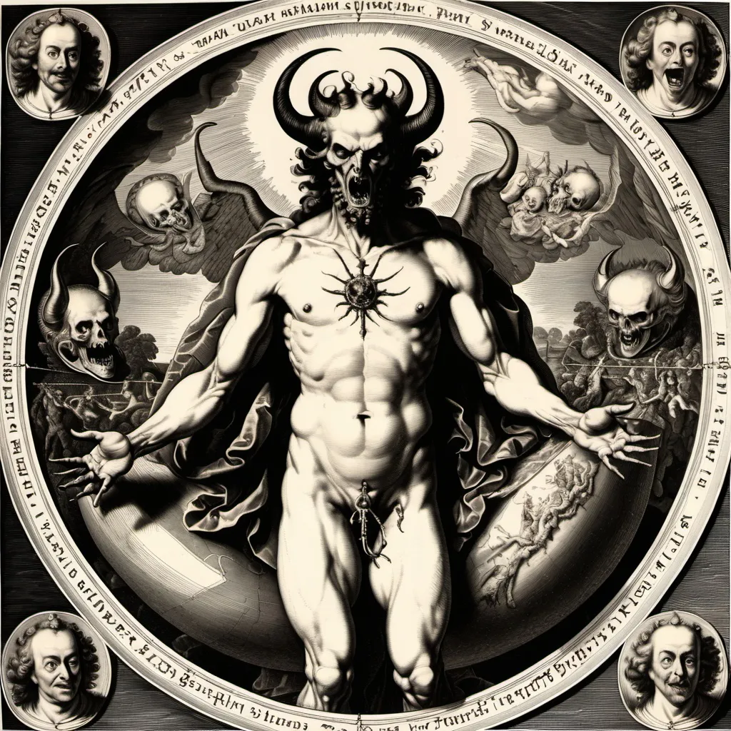 Prompt: Detailed 17th century etch of satan on earth, hatched, bloodstring as main point of the picture, make it a cover for my techno track called bloodstring produced by luwck