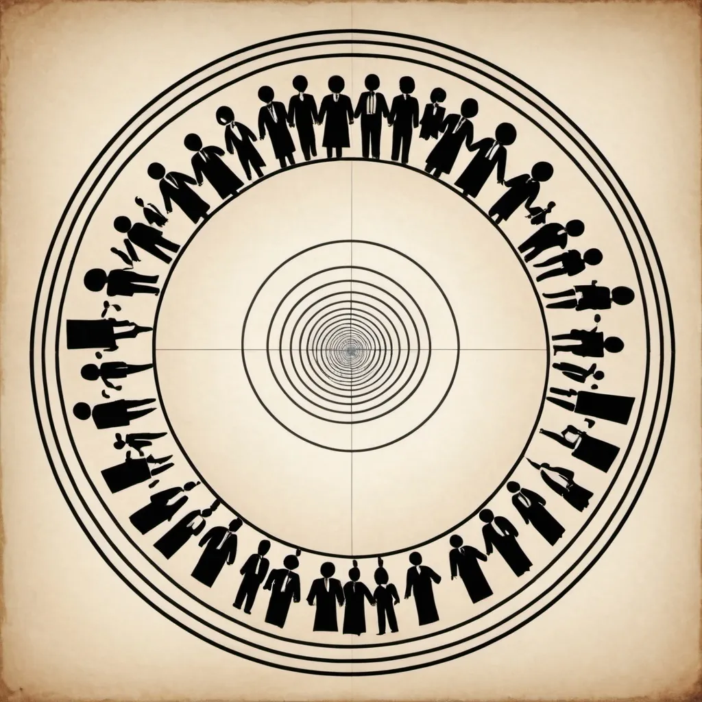 Prompt: The smaller circle (government) is contained within the larger circle (people), emphasizing that the government's legitimacy derives from the people's consent.
The concentric circles suggest a symbiotic relationship, where the government exists to serve the people, and the people empower the government.
