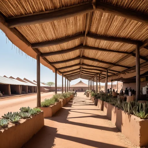 Prompt: Generate an image of an open market area on a site in northern Namibia's dry savannah climate. The market features multiple rooms, some enclosed with natural stone and clay brick walls in warm, earthy tones, and others open with only gumpole frames creating a rustic, breathable enclosure. The roofing consists of interlocking gable roofs, made from corrugated metal sheets and thatch, providing a mix of sun and shade throughout the market space.

Wooden beams and poles support the structures, creating a visually dynamic roofline and enhancing natural ventilation. Native drought-resistant plants like succulents, grasses, and acacias are integrated into the landscape, with gravel paths connecting various market areas. The scene should convey a lively and culturally rich market setting, with local vendors and traders, framed by a vast savannah landscape under a clear blue sky.