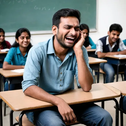 Prompt: A man sitting on the classroom with depression and other student laughed to him in indian culture