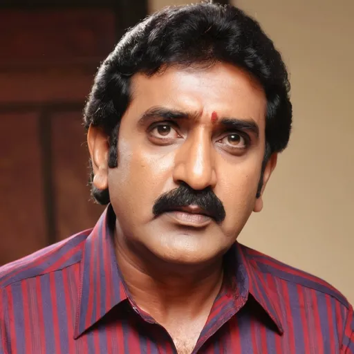 Prompt: A Indian actor rao Ramesh thinking in house