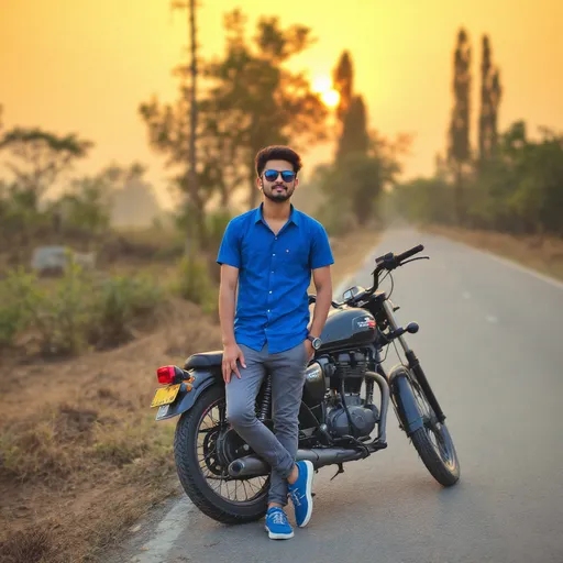 Prompt: A young man poses confidently next to bullet bike on a quiet rural road, showcasing a cool demeanor with stylish sunglasses and a blue short-sleeved shirt. His casual outfit is complemented by grey pants and blue sneakers, emphasizing a laid-back yet fashionable vibe. The background is adorned with sparse vegetation and tall trees, capturing a golden sunset that bathes the scene in warm hues, creating a striking contrast against the earthy tones of the surroundings. The motorcycle, with its black and red accents, rests beside him, adding to the sense of adventure, while the overall composition highlights the tranquility of an evening setting. The mood exudes a mix of youthful energy and serenity, inviting viewers to imagine a moment of freedom and exploration.