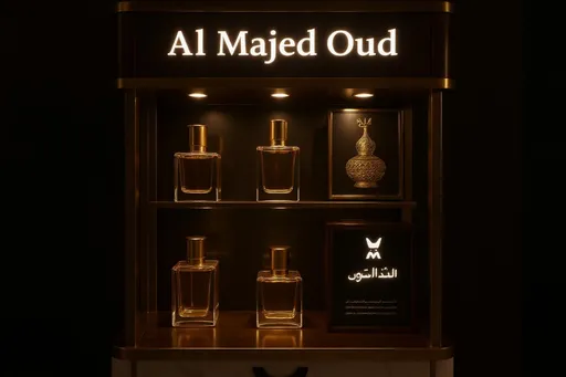 Prompt: Illuminated softly, an elegantly designed display shelf showcases a curated collection of Al Majed Oud perfume bottles, arranged symmetrically against a sleek black backdrop. Each crystal-clear bottle, with a golden hue, radiates sophistication under the gentle spotlighting, enhancing the luxurious allure of the fragrances. Adjacent to the bottles, a framed golden image of an intricately patterned vessel adds an artistic touch, hinting at the brand's deep cultural heritage. The gold accents of the shelf contrast beautifully with the dark tones, creating a striking visual impact that speaks to both modernity and tradition, inviting an intimate exploration of the scents on offer.