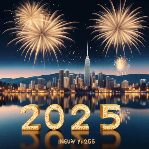 Prompt: far view of city on a lake with firework celebrating new year with big text on front says 2025 in gold and empty place for logo to be add on later