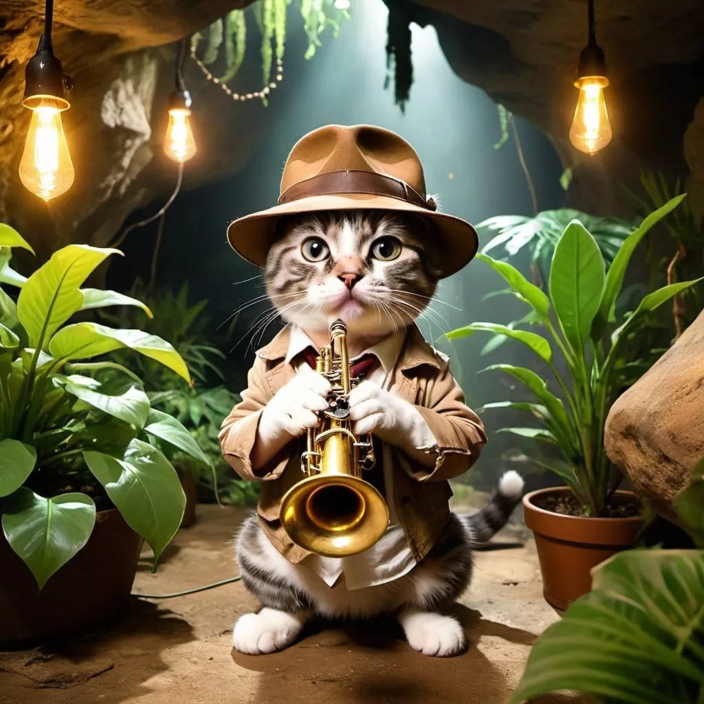 Prompt: cat dressed like Indiana jones playing the trumpet 
Epic cave with lights in the background 
Plants hanging around 