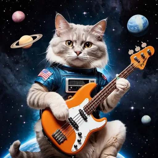 Prompt: Cat in space with bass guitar