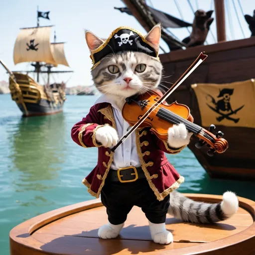 Prompt: cat in a pirate costume playing the violin, pirate ship in the background