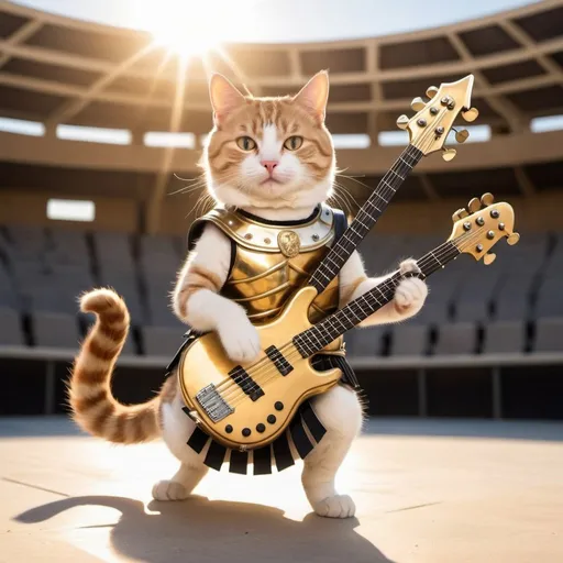 Prompt: Cat dressed as a Greek gladiator in an Arena 
Playing the golden Electric bass
Sun is shining 