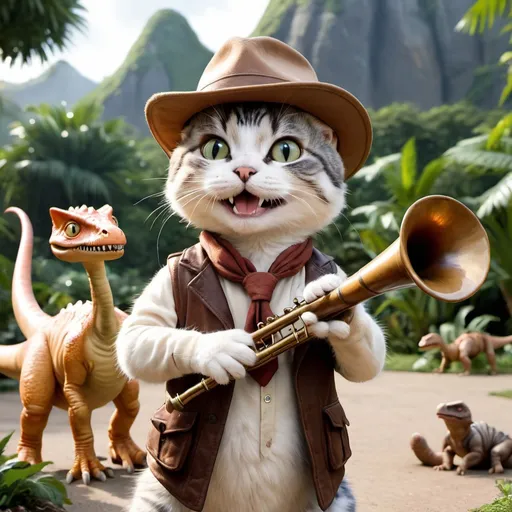 Prompt: realistic cat in juressic park, dressed as an adventurer with hat, playing the Horn 
dinosaurs in the background