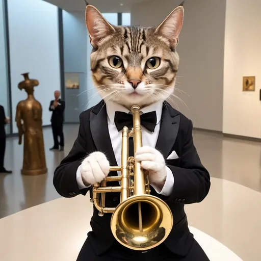 Prompt: cat in a James Bond Outfit stealing a trumpet from a Musical Instrument museum 