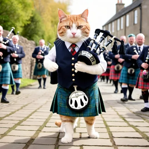 Prompt: cat with a scottish kilt playing the bagpipes
Scottish party in the background