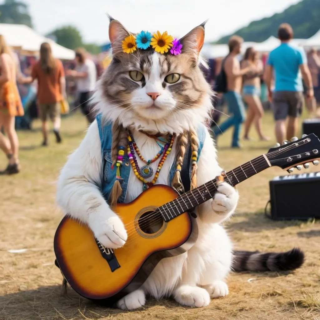 Prompt: Hippie cat with guitar at a festival 