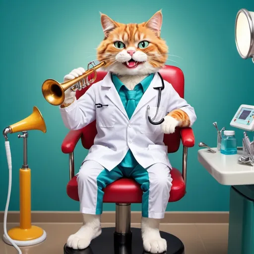 Prompt: Cat dressed as a dentist sitting on a dentist chair with a trumpet, realistic style, colorful and vibrant, detailed fur with humorous expression, high quality, professional caricature, vibrant colors, detailed dental tools, playful atmosphere, character design, animal costume, comical dental setting, trumpet on chair, whimsical, humorous style, detailed fur, caricature, professional, vibrant colors, playful lighting