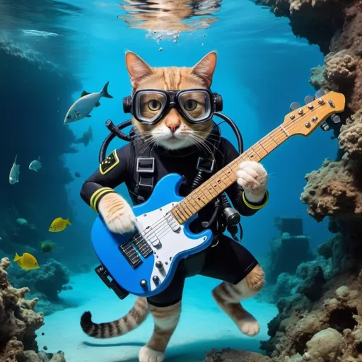 Prompt: Cat in scuba diving outfit under water, swimming through a wreck, playing a Blue Electric Guitar, with Diving helmet