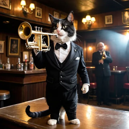 Prompt: Cat in a black old money suit with trumpet 
in an old bar on stage