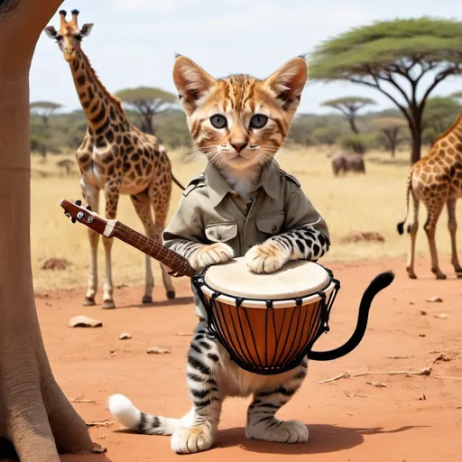 Prompt: cat on a safari in africa, playing Bongos,
Giraffes in the background
Safari outfit