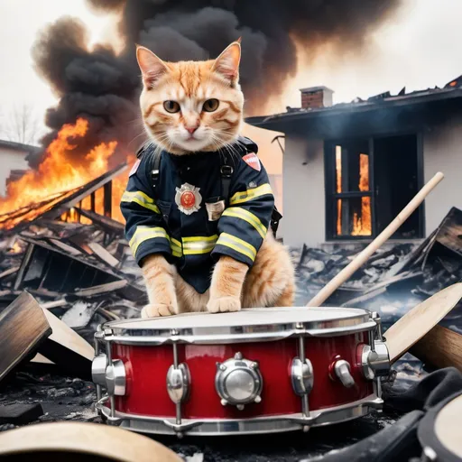Prompt: cat with a firefighter uniform with helmet, playing the drums
In a burning house, Fire everywhere, other firefighters in the background, completely demolished house 
Epic scene