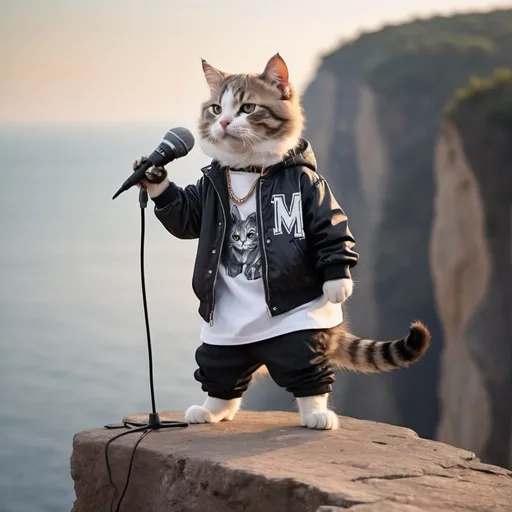 Prompt: Cat standing on the edge of a cliff rocking into a stand microphone 
Dressed with Rapper clothes 