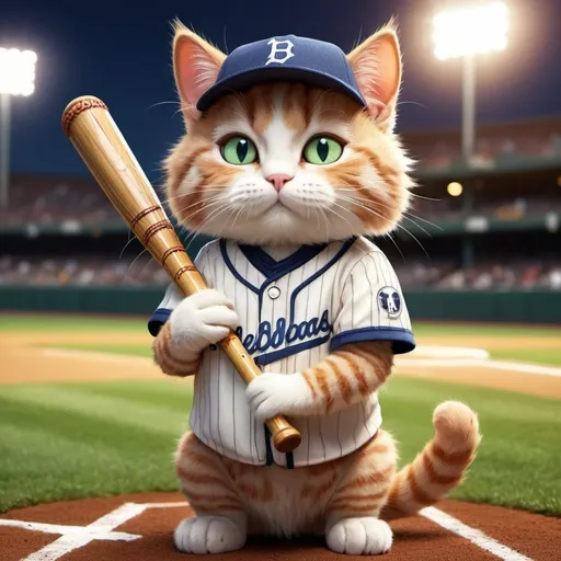 Prompt: Cat in baseball outfit on baseball field, holding flute like baseball bat, in baseball stadium, detailed cat fur with subtle reflections, intense and focused gaze, high-quality, realistic, vibrant colors, baseball stadium lighting, professional digital art style, baseball theme, detailed eyes, professional, atmospheric lighting