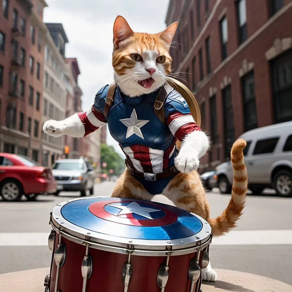 Prompt: cat Dresden Like Captain amerika from marvel, playing on Captain americas shield Like drums 
Exploading building in the background 