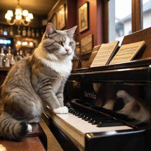 Prompt: cat playing the Piano in a bar, another cat playing the harminica 
