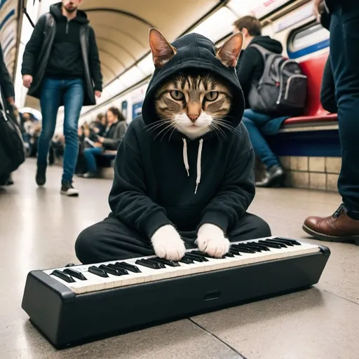 Prompt: cat with dark hoodie playing keyboard in the london underground 
Cat sitting on the ground, Keyboard on lap