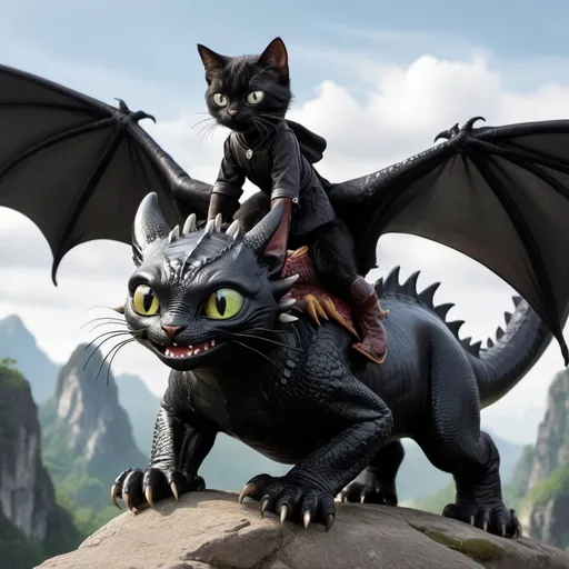 Prompt: Realistic cat riding the Dragon Toothless 