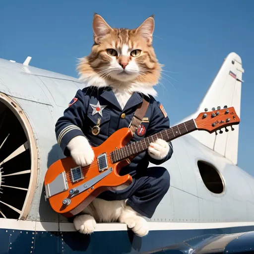 Prompt: Cat in an old fighter pilot costume on the wing of a plane playing electric guitar 
