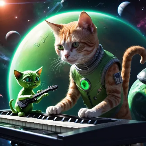 Prompt: cat playing the keys on a planet in space next to a Green Alien