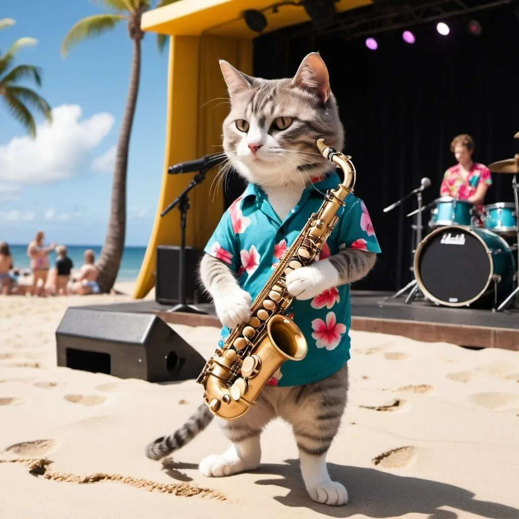 Prompt: cat on a Stage playing the saxophone 
At the Beach 
Surfboards in the background 
cat is wearing a hawaii shirt