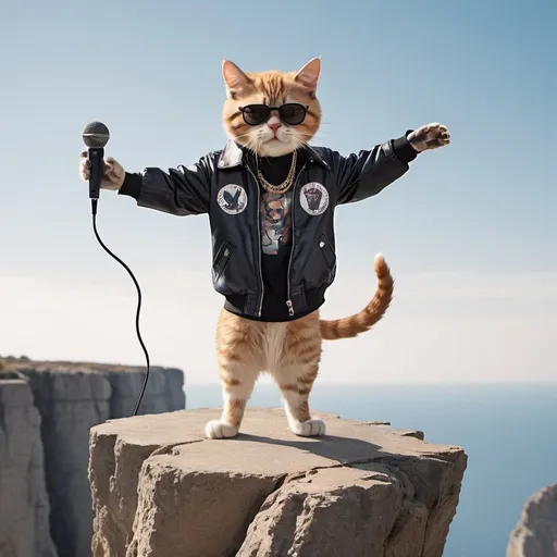 Prompt: Cat standing on the edge of a cliff rocking into a stand microphone 
Dressed with rapper clothes
Plane in the background