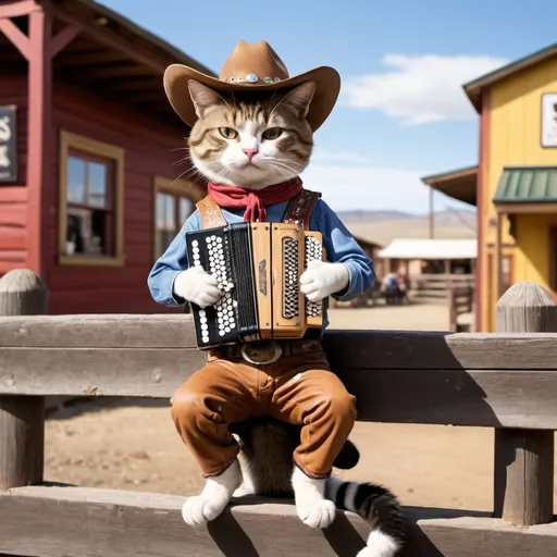 Prompt: cat with Cowboy Outfit and Cowboy hat, sitting on a fence
cat plays accordion
saloon in the background 