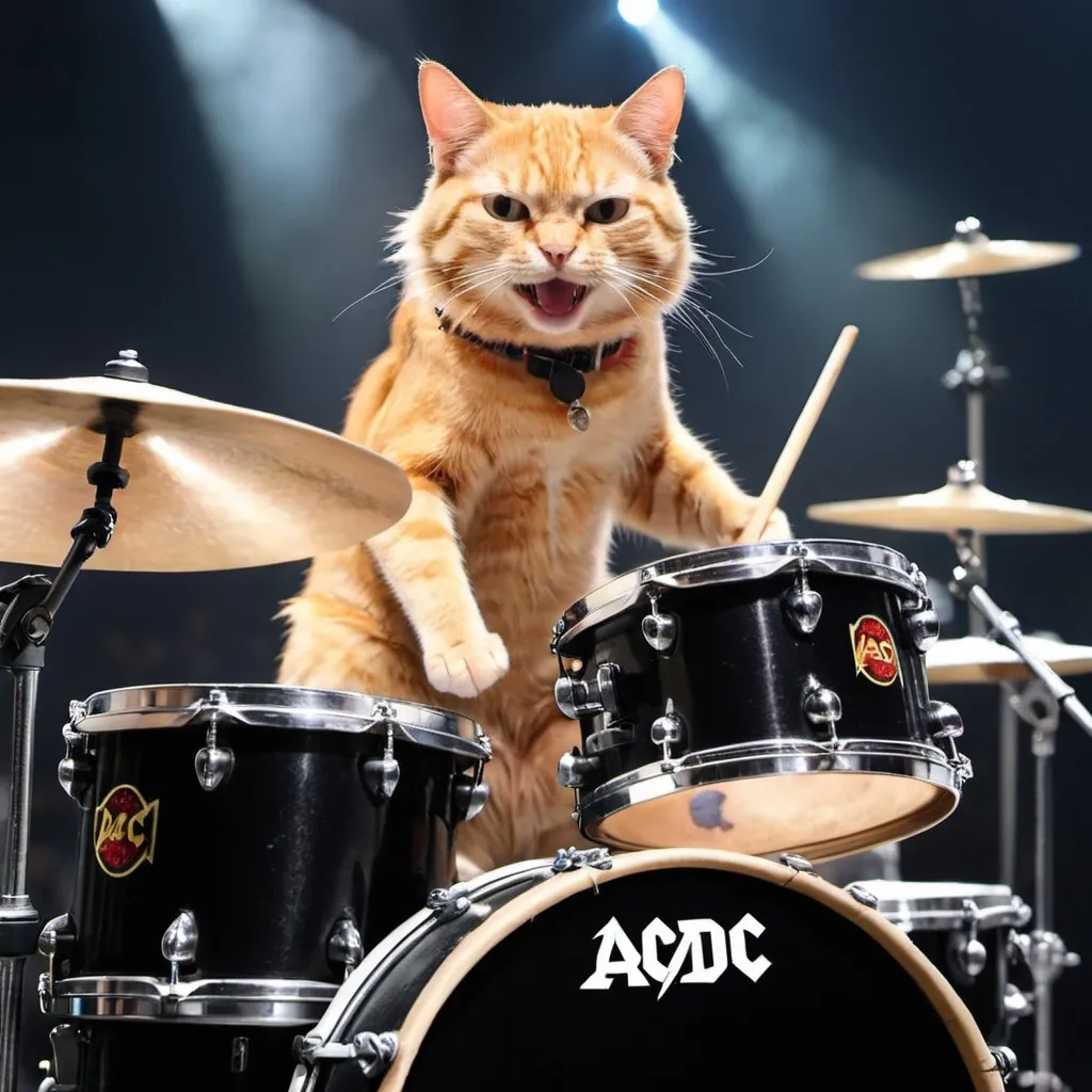 Prompt: Cat playing drums at a ACDC concert 