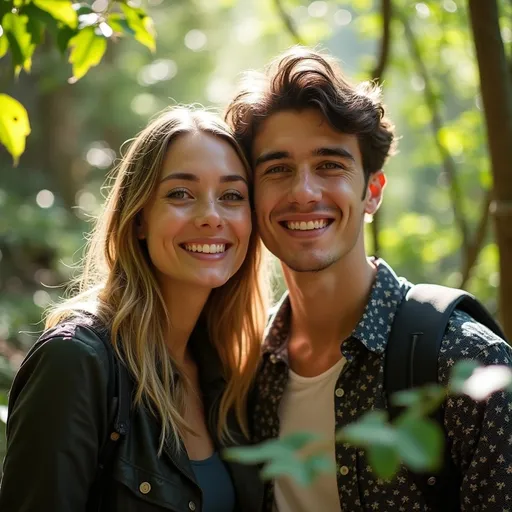 Prompt: Surrounded by lush greenery, a young man and woman pose together with cheerful smiles, capturing a moment of camaraderie during an outdoor excursion. The woman, dressed in a dark jacket, exudes a calm grace, while the man, in a patterned shirt, beams with enthusiasm, showcasing their shared joy. Sunlight filters through the leaves, casting a warm glow, enhancing the natural setting and the sense of connection between them. The background, with its earthy tones and scattered foliage, adds to the relaxed atmosphere, suggesting a peaceful getaway in nature. Their expressions radiate happiness, hinting at a shared adventure filled with laughter and friendship.