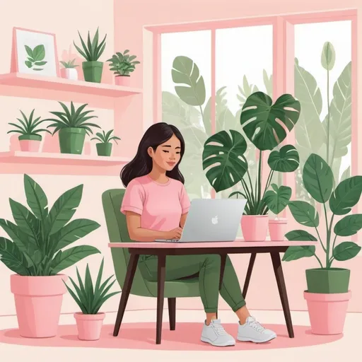 Prompt: illustrator young woman filipina  on her laptop working from home with plants in the background. green, pink, cream. friendly tone.