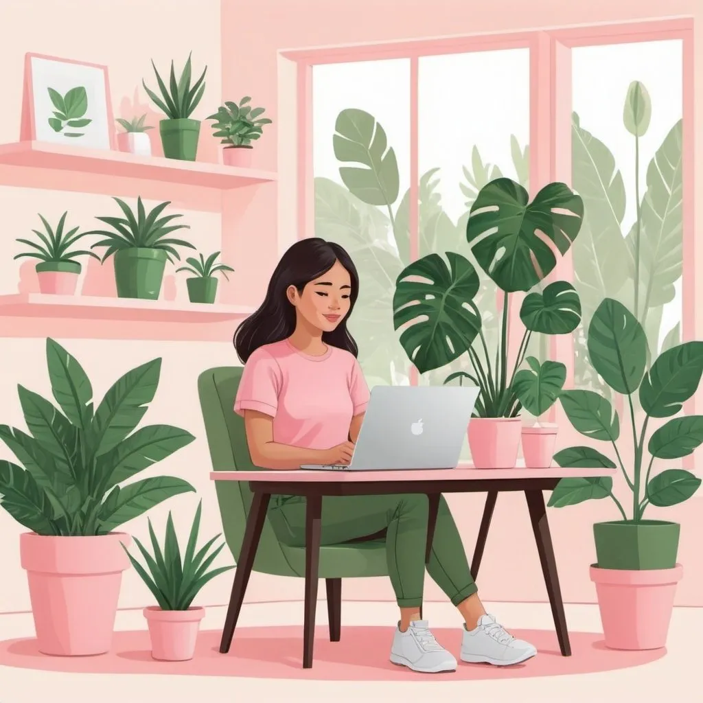 Prompt: illustrator young woman filipina  on her laptop working from home with plants in the background. green, pink, cream. friendly tone.