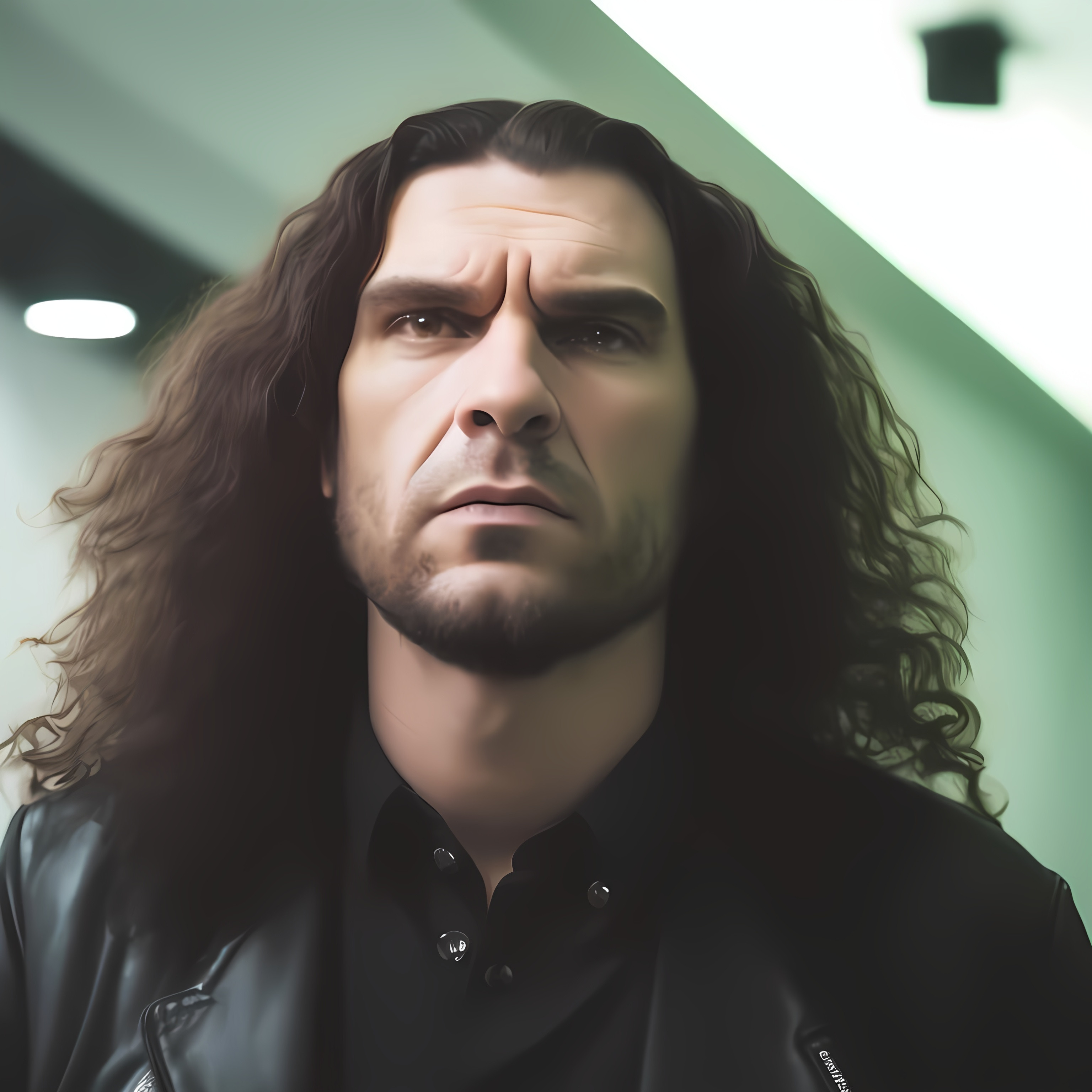 masculine man with long curly hair, stern look metal...