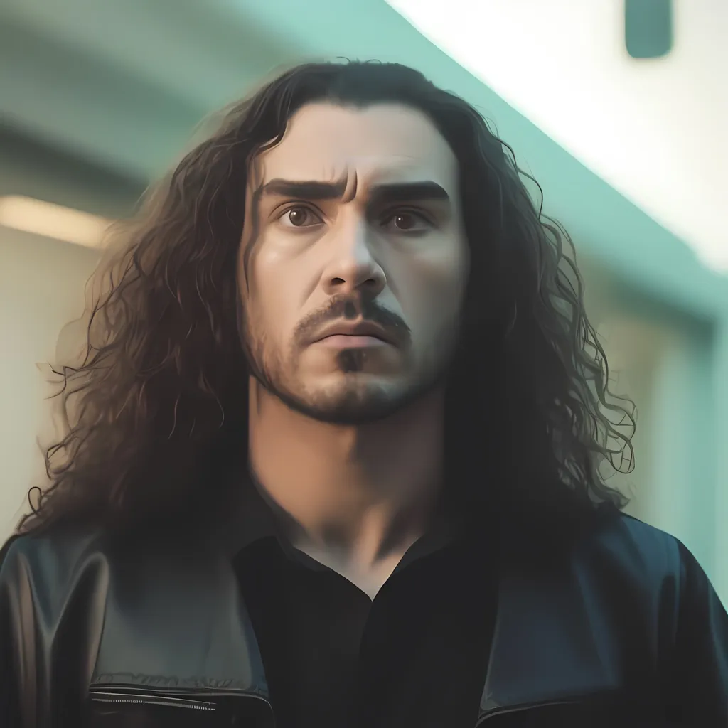 Prompt: masculine man i
with long curly hair,
stern look
metalhead
black jacket
white shirt
movie character