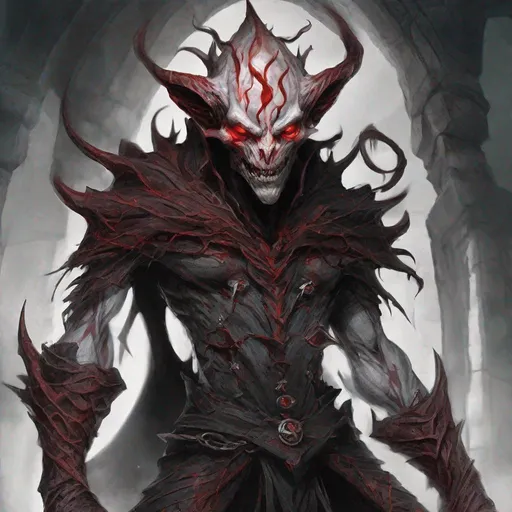 Prompt: Drakulith's appearance is marked by the corruption of dark magic. His once-elfin features are twisted and distorted, with piercing red eyes that glow with an unnatural intensity.