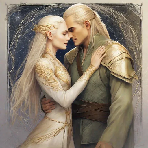 Prompt: 

Legolas golden hair, now touched with silver, frames his ageless face as he gazes upon the stars above.
- In a display of tenderness, Legolas gently wraps his arms around Eailene from behind, drawing her close. His fingers, adorned with Elven rings, trace soothing patterns on her belly, feeling the life growing within.
- Eailene, radiant in the moonlight, leans into Legolas' embrace with a serene smile.
- Her hands rest atop Legolas', fingers interlaced in a silent dance of connection. 
