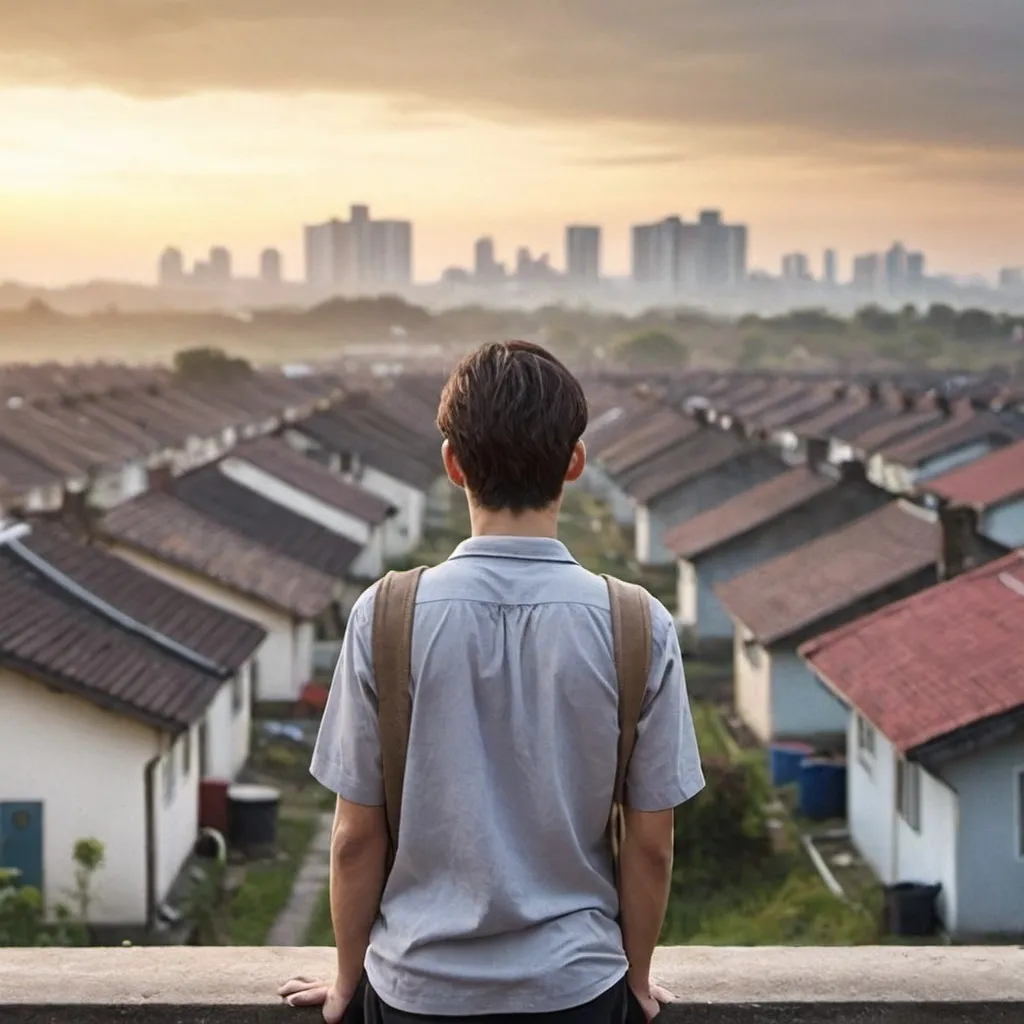 Prompt: Rear view young man looking at  housing at dawn on cityskirt