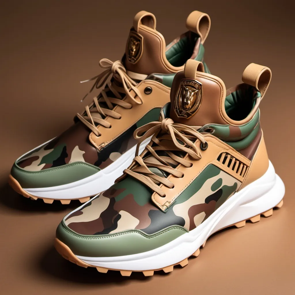 Prompt: warthog inspired sneaker. The sneaker must be camouflage metallic desert color with warthog hons. Make the badge warthog head. Please add water mark "Kasongo" text on the side. Please make the sneaker a boot.